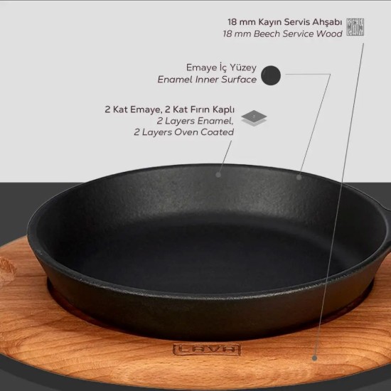 Tigaie fonta, 16 cm, cu suport lemn - LAVA