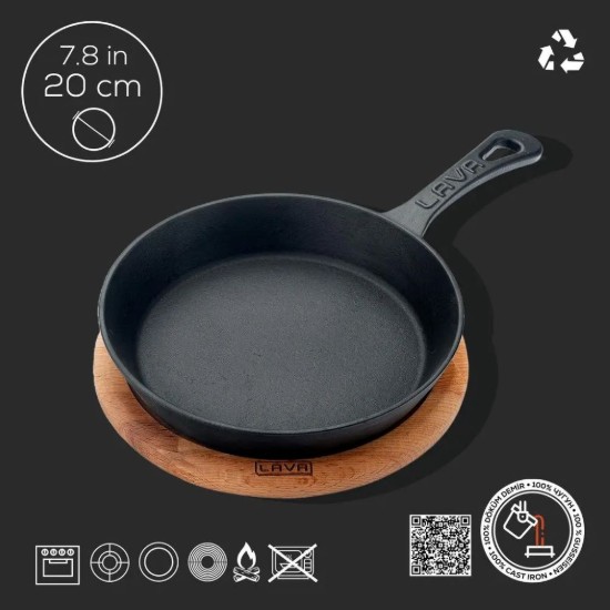 Tigaie fonta, 20 cm, cu suport din lemn - LAVA
