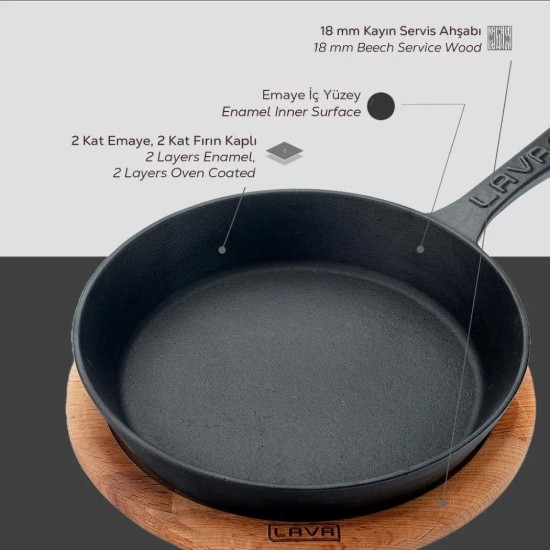 Tigaie fonta, 20 cm, cu suport din lemn - LAVA