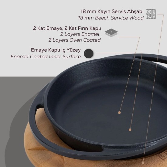 Tava fonta, 16cm, cu suport lemn - LAVA