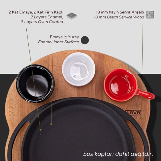 Platou servire fonta, 20 cm, cu suport din lemn - LAVA