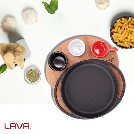 Platou servire fonta, 20 cm, cu suport din lemn - LAVA