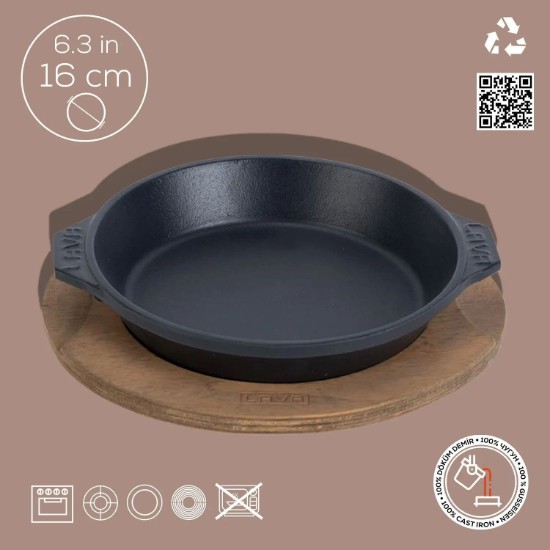 Tava fonta, 16 cm, cu suport din lemn - LAVA