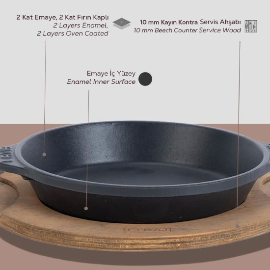 Tava fonta, 16 cm, cu suport din lemn - LAVA