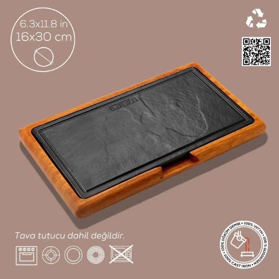 Platou servire fonta, 30 x 16 cm, cu suport din lemn - LAVA