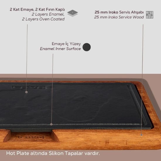 Platou servire fonta, 30 x 16 cm, cu suport din lemn - LAVA