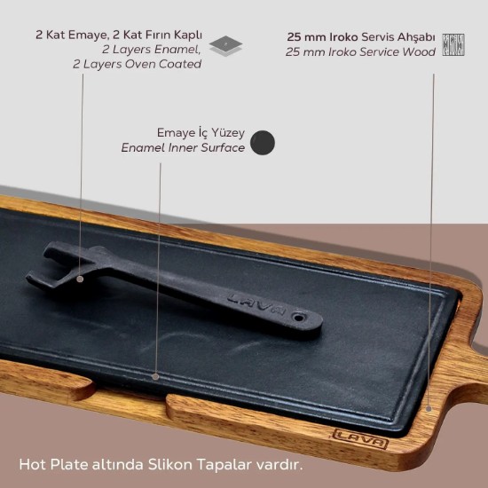 Platou servire fonta, 37 x 17 cm, cu suport din lemn - LAVA