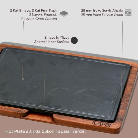 Platou servire fonta, 30 x 20 cm, cu suport din lemn - LAVA