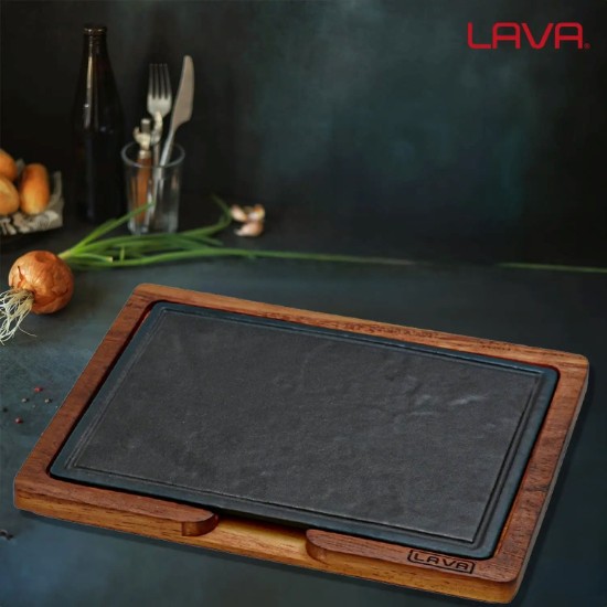 Platou servire fonta, 30 x 20 cm, cu suport din lemn - LAVA