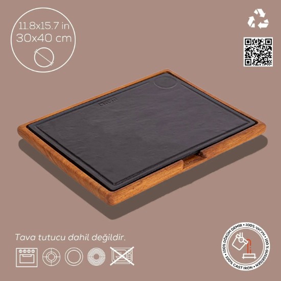 Platou servire fonta, 40 x 30 cm, cu suport din lemn - LAVA
