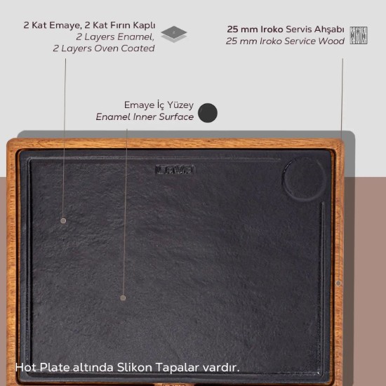 Platou servire fonta, 40 x 30 cm, cu suport din lemn - LAVA