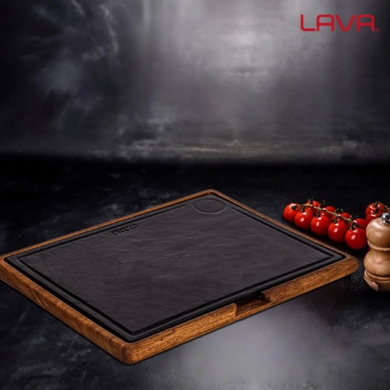 Platou servire fonta, 40 x 30 cm, cu suport din lemn - LAVA