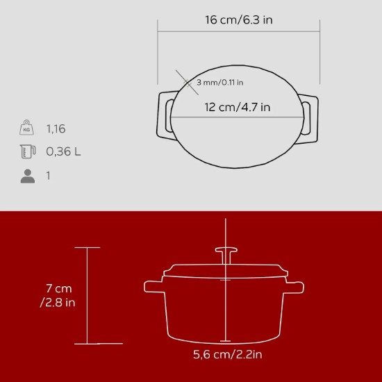 Mini-cratita ovala, fonta, 12cm/0,36L, "Trendy", Rosu - LAVA