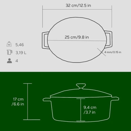 Cratita ovala, fonta, 25cm/3,2L, "Folk", Verde - LAVA
