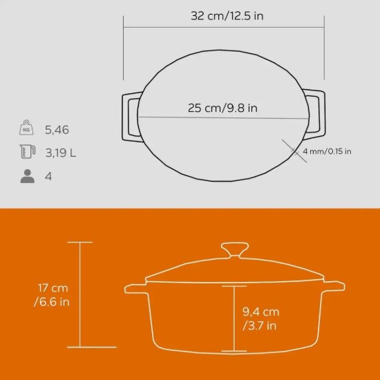 Cratita ovala, fonta, 25cm/3,2L, "Folk", Portocaliu - LAVA