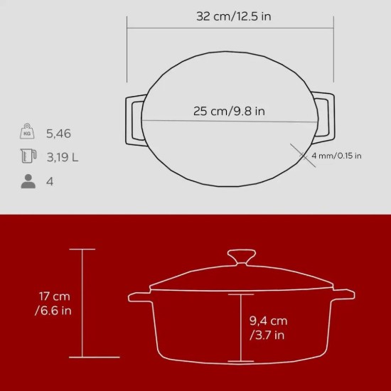 Cratita ovala, fonta, 25cm/3,2L, "Folk", Rosu - LAVA