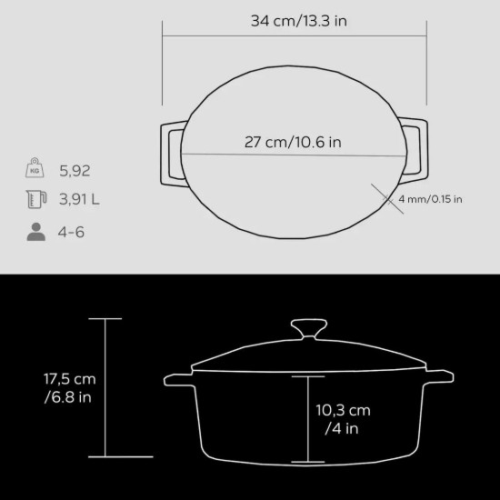 Cratita ovala, fonta, 27cm/3,9L, "Folk", Negru - LAVA