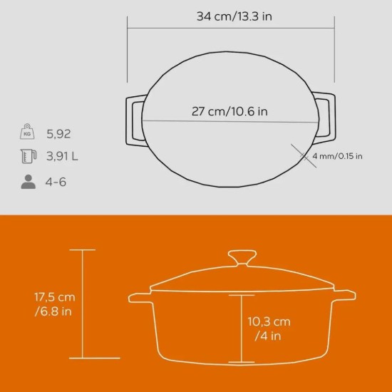 Cratita ovala, fonta, 27cm/3,9L, "Folk", Portocaliu - LAVA