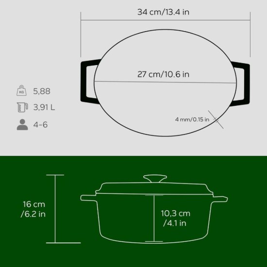 Cratita ovala, fonta, 27cm/3,91L, "Trendy", Verde - LAVA