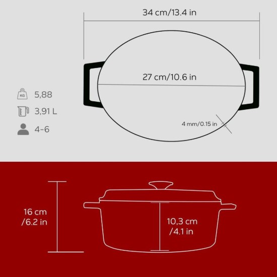 Cratita ovala, fonta, 27cm/3,91L, "Trendy", Rosu - LAVA