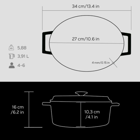 Cratita ovala, fonta, 27cm/3,91L, "Trendy", Negru - LAVA