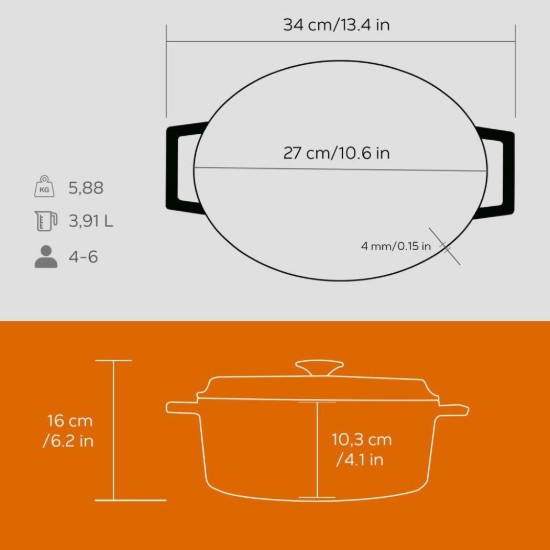 Cratita ovala, fonta, 27cm/3,91L, "Trendy", Portocaliu - LAVA