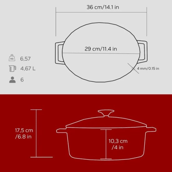 Cratita ovala, fonta, 29cm/4,67L, "Folk", Rosu - LAVA