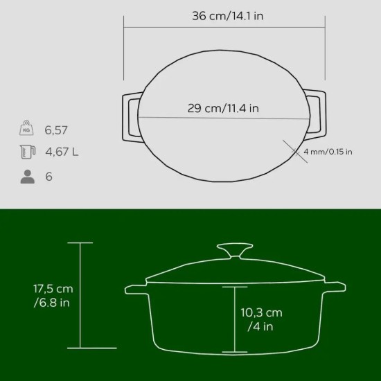 Cratita ovala, fonta, 29cm/4,67L, "Folk", Verde - LAVA