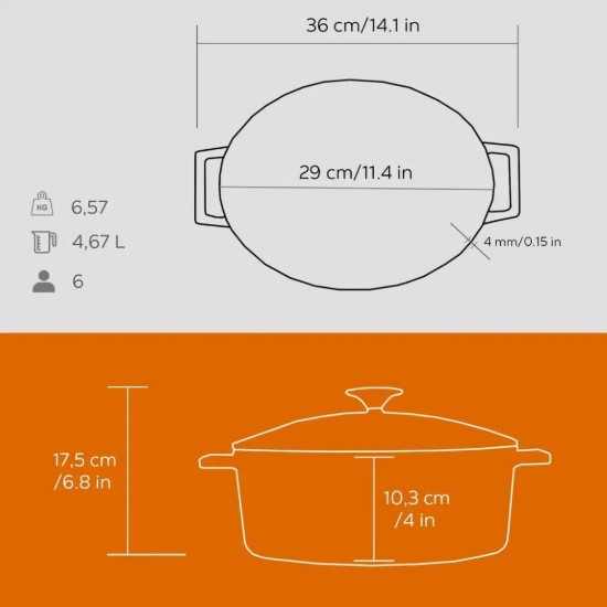 Cratita ovala, fonta, 29cm/4,67L, "Folk", Portocaliu - LAVA