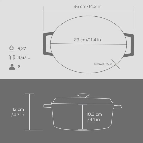 Cratita ovala, fonta, 29cm/4,7L, "Premium", Gri - LAVA