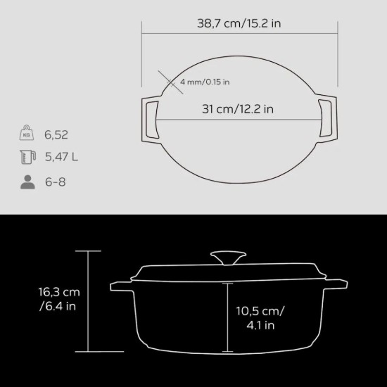 Cratita ovala, fonta, 31cm/5,47L, "Trendy", Negru - LAVA