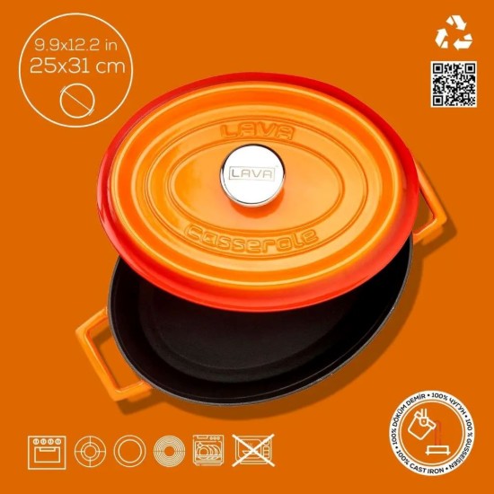 Cratita ovala, fonta, 31cm/5,47L, "Trendy", Portocaliu - LAVA