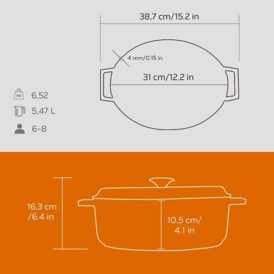 Cratita ovala, fonta, 31cm/5,47L, "Trendy", Portocaliu - LAVA