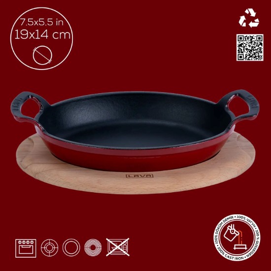 Tava ovala fonta, 19 x 14 cm, cu suport din lemn - LAVA