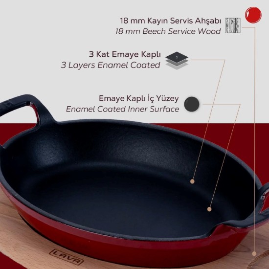 Tava ovala fonta, 19 x 14 cm, cu suport din lemn - LAVA