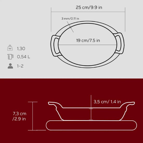 Tava ovala fonta, 19 x 14 cm, cu suport din lemn - LAVA