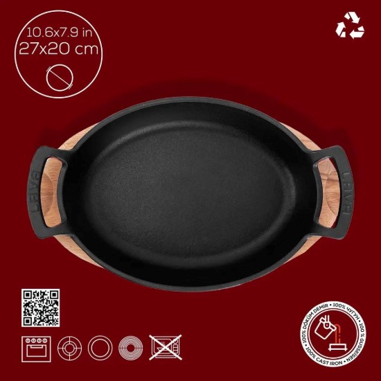 Tava ovala fonta, 27 x 20 cm, cu suport din lemn, Rosu - LAVA