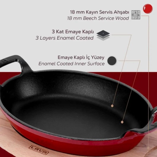 Tava ovala fonta, 27 x 20 cm, cu suport din lemn, Rosu - LAVA