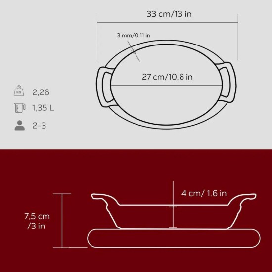 Tava ovala fonta, 27x20 cm, cu suport din lemn, Rosu - LAVA