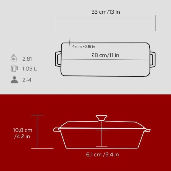 Vas terrine, fonta, 26,5 x 8,5 cm, Rosu  - LAVA