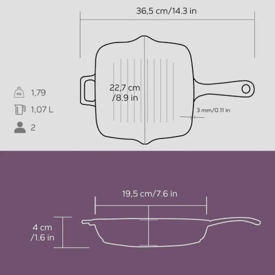 Tigaie grill, fonta, 19,5 x 19,5 cm, Mov - LAVA