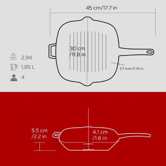 Tigaie grill, fonta, 26 x 26 cm, Rosu - LAVA