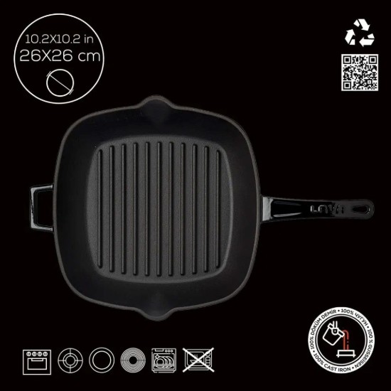 Tigaie grill, fonta, 26 x 26 cm, Negru - LAVA