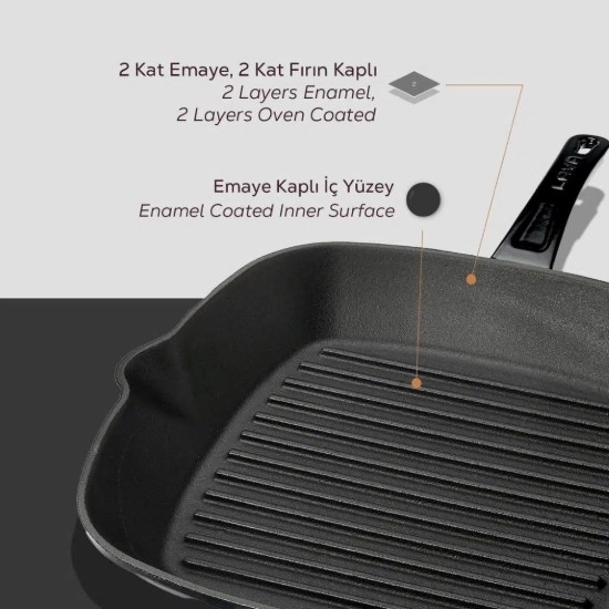 Tigaie grill patrata, fonta, 28 x 28 cm, Negru - LAVA