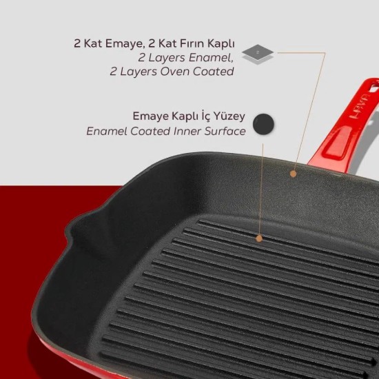 Tigaie grill patrata, fonta, 28 x 28 cm, Rosu  - LAVA