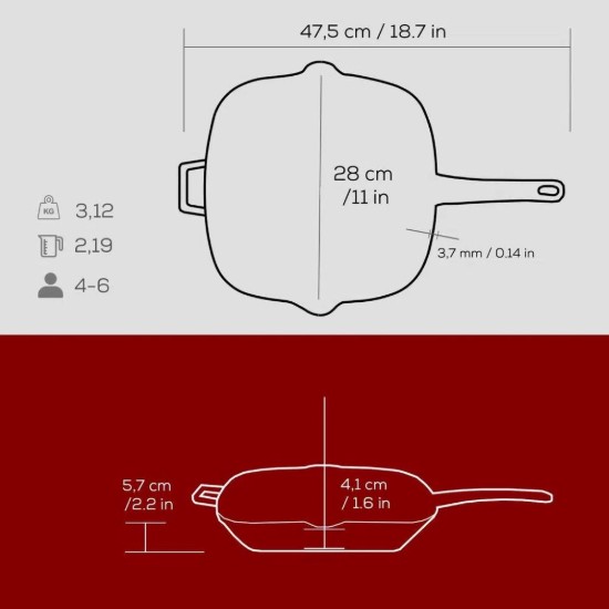Tigaie grill patrata, fonta, 28 x 28 cm, Rosu  - LAVA
