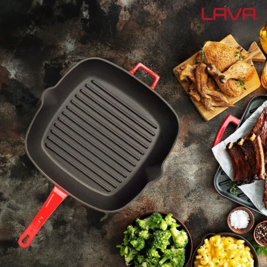 Tigaie grill patrata, fonta, 28 x 28 cm, Rosu  - LAVA