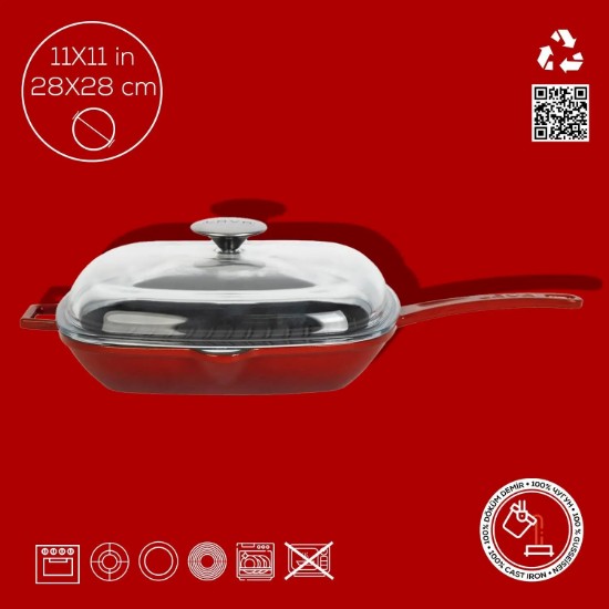Tigaie grill, fonta, cu capac, 28 x 28 cm, "Glaze", Rosu - LAVA