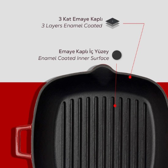 Tigaie grill, fonta, cu capac, 28 x 28 cm, "Glaze", Rosu - LAVA