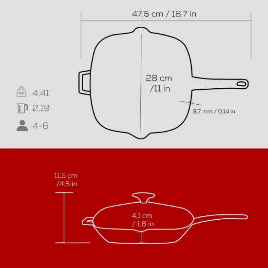 Tigaie grill, fonta, cu capac, 28 x 28 cm, "Glaze", Rosu - LAVA
